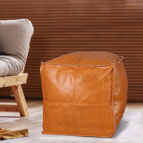 Pouf Ottoman, Unstuffed Pouf Cover, Handmade Faux PU Leather Moroccan, Orange Brown 17.7" Square, Foot Rest for Living Room, Floor Chair Gifts for Men Women…