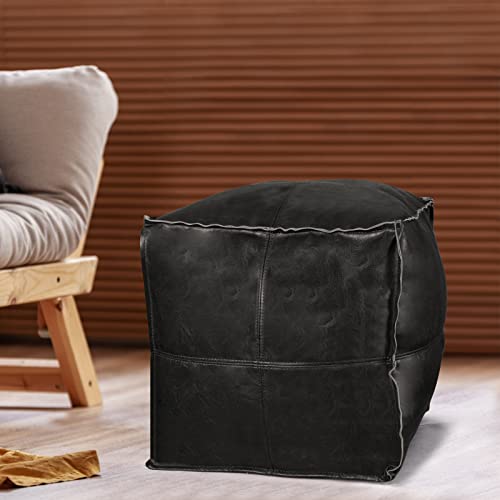 Pouf Ottoman, Unstuffed Pouf Cover, Handmade Faux PU Leather Moroccan, Orange Brown 17.7" Square, Foot Rest for Living Room, Floor Chair Gifts for Men Women…