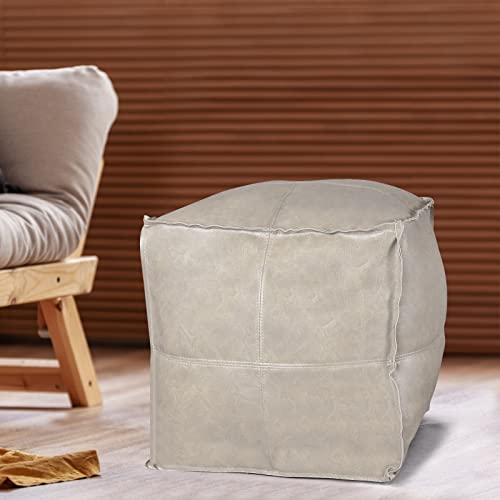 Pouf Ottoman, Unstuffed Pouf Cover, Handmade Faux PU Leather Moroccan, Orange Brown 17.7" Square, Foot Rest for Living Room, Floor Chair Gifts for Men Women…