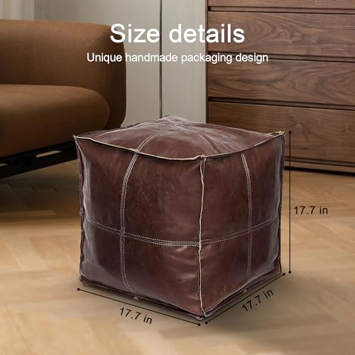 Pouf Ottoman, Unstuffed Pouf Cover, Handmade Faux PU Leather Moroccan, Orange Brown 17.7" Square, Foot Rest for Living Room, Floor Chair Gifts for Men Women…