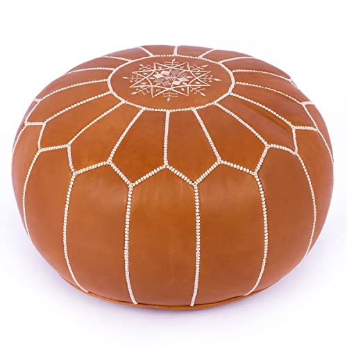 Marrakesh Gallery Genuine Leather Round Pouf Unstuffed - Moroccan Ottoman Footstool, Footrest Cover - Boho Decor - Bohemian Living Room, Bedroom, Kids Room, Gift & Wedding (Dark Tan)