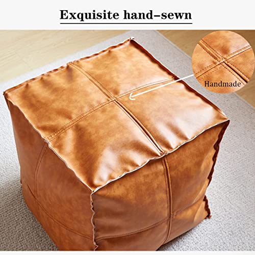 Pouf Ottoman, Unstuffed Pouf Cover, Handmade Faux PU Leather Moroccan, Orange Brown 17.7" Square, Foot Rest for Living Room, Floor Chair Gifts for Men Women…