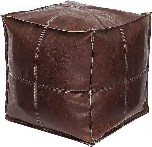 Pouf Ottoman, Unstuffed Pouf Cover, Handmade Faux PU Leather Moroccan, Orange Brown 17.7" Square, Foot Rest for Living Room, Floor Chair Gifts for Men Women…