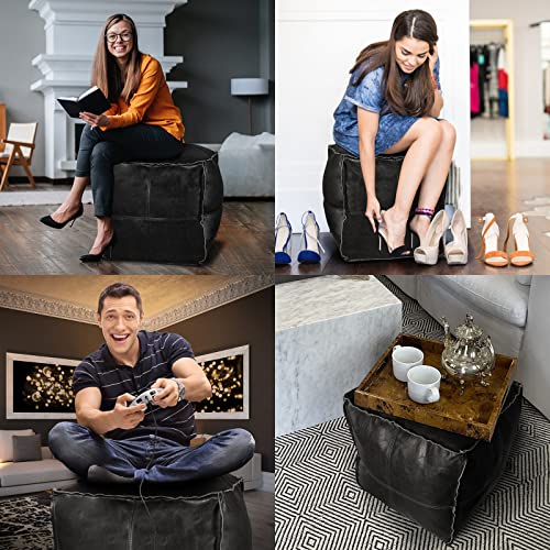 Pouf Ottoman, Unstuffed Pouf Cover, Handmade Faux PU Leather Moroccan, Orange Brown 17.7" Square, Foot Rest for Living Room, Floor Chair Gifts for Men Women…
