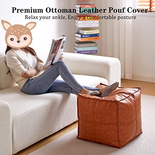 Pouf Ottoman, Unstuffed Pouf Cover, Handmade Faux PU Leather Moroccan, Orange Brown 17.7" Square, Foot Rest for Living Room, Floor Chair Gifts for Men Women…