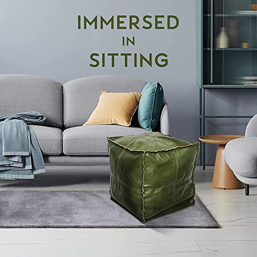 Pouf Ottoman, Unstuffed Pouf Cover, Handmade Faux PU Leather Moroccan, Orange Brown 17.7" Square, Foot Rest for Living Room, Floor Chair Gifts for Men Women…