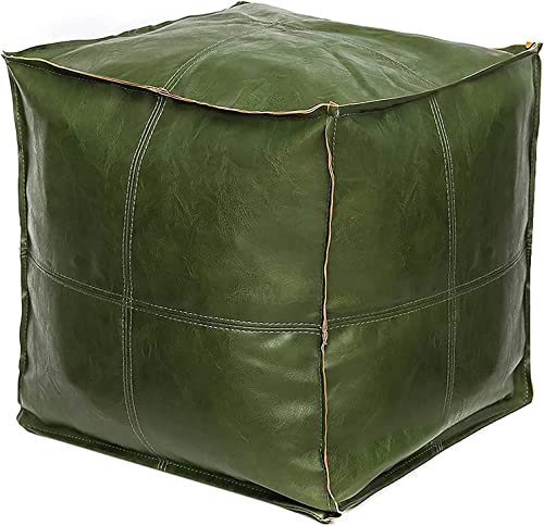 Pouf Ottoman, Unstuffed Pouf Cover, Handmade Faux PU Leather Moroccan, Orange Brown 17.7" Square, Foot Rest for Living Room, Floor Chair Gifts for Men Women…