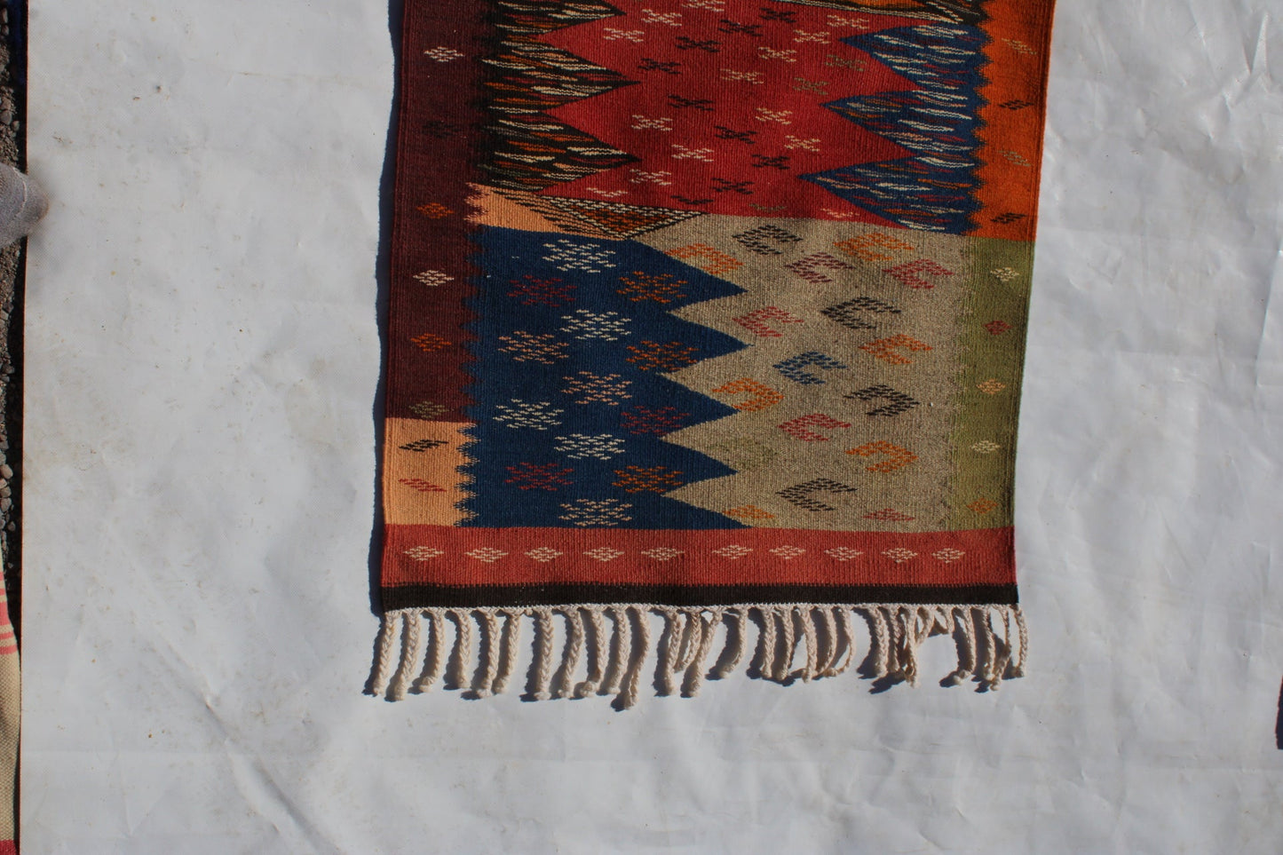 Authentic Moroccan Berber Kilim Rug Picasso Taznakht T63. Handmade tribal rug, expertly woven with traditional craftsmanship 150x60 cm