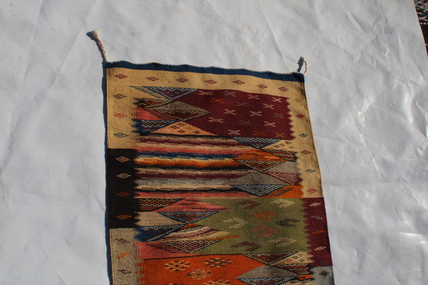 Authentic Moroccan Berber Kilim Rug Picasso Taznakht T63. Handmade tribal rug, expertly woven with traditional craftsmanship 150x60 cm