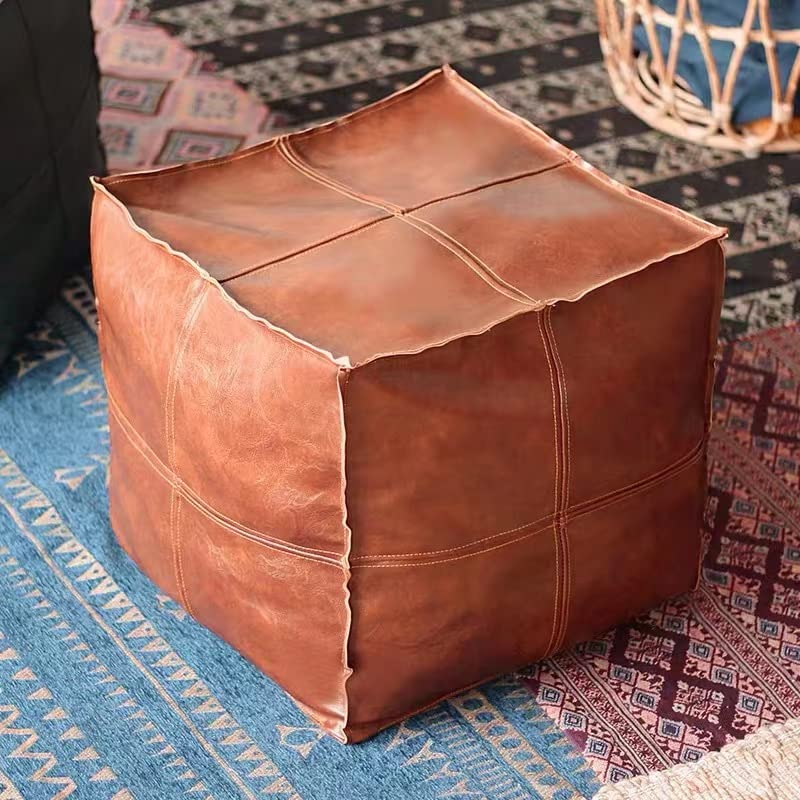 Pouf Ottoman, Unstuffed Pouf Cover, Handmade Faux PU Leather Moroccan, Orange Brown 17.7" Square, Foot Rest for Living Room, Floor Chair Gifts for Men Women…
