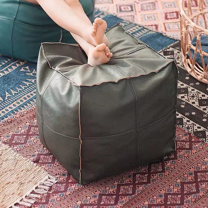 Pouf Ottoman, Unstuffed Pouf Cover, Handmade Faux PU Leather Moroccan, Orange Brown 17.7" Square, Foot Rest for Living Room, Floor Chair Gifts for Men Women…