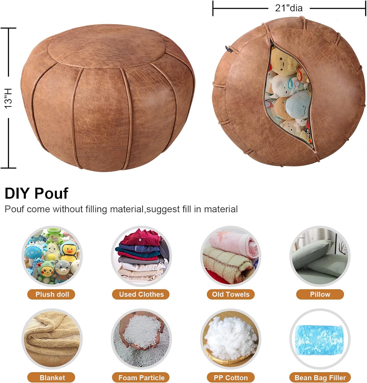 Pouf Ottoman Cover, Pouf Ottoman Foot Rest, Unstuffed Round Faux Leather Moroccan Decor, Storage Solution Footstool, Pouffe Seat for Balcony 21dia Yellow Brown, Poufs for Lving Room Gifts for Women