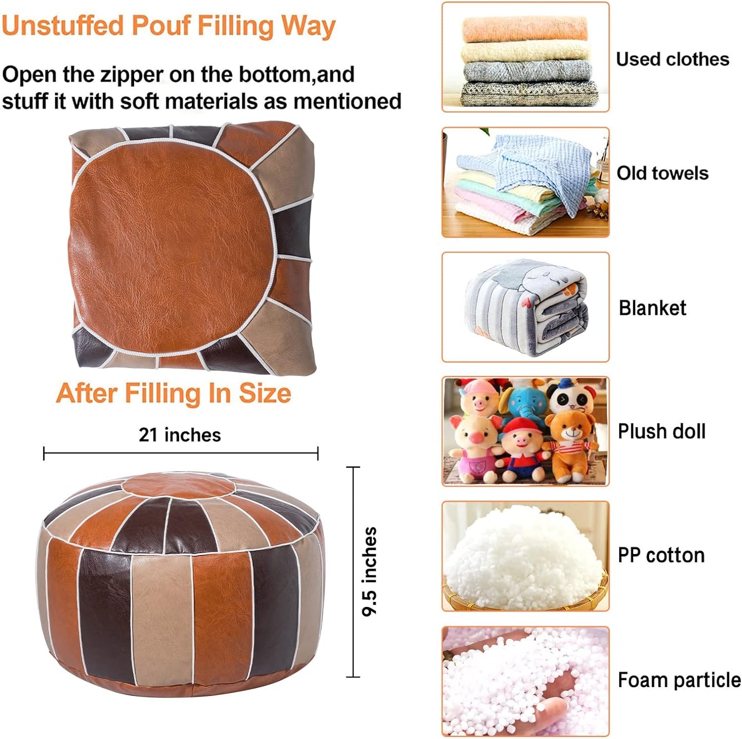 Vannaey Pouf Ottoman Foot Stool, Unstuffed Handmade Round Ottoman, PU Leather Pouf Cover Footstool Footrest Floor Cushion with Storage Moroccan Poufs for Living Room, Bedroom (No Stuffing)