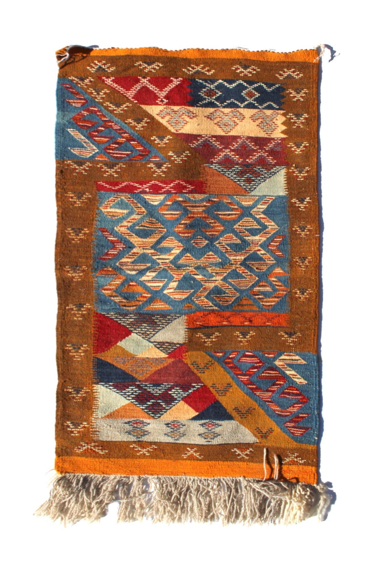 Authentic Moroccan Berber Kilim Rug Picasso Taznakht T63. Handmade tribal rug, expertly woven with traditional craftsmanship 120x060 cm