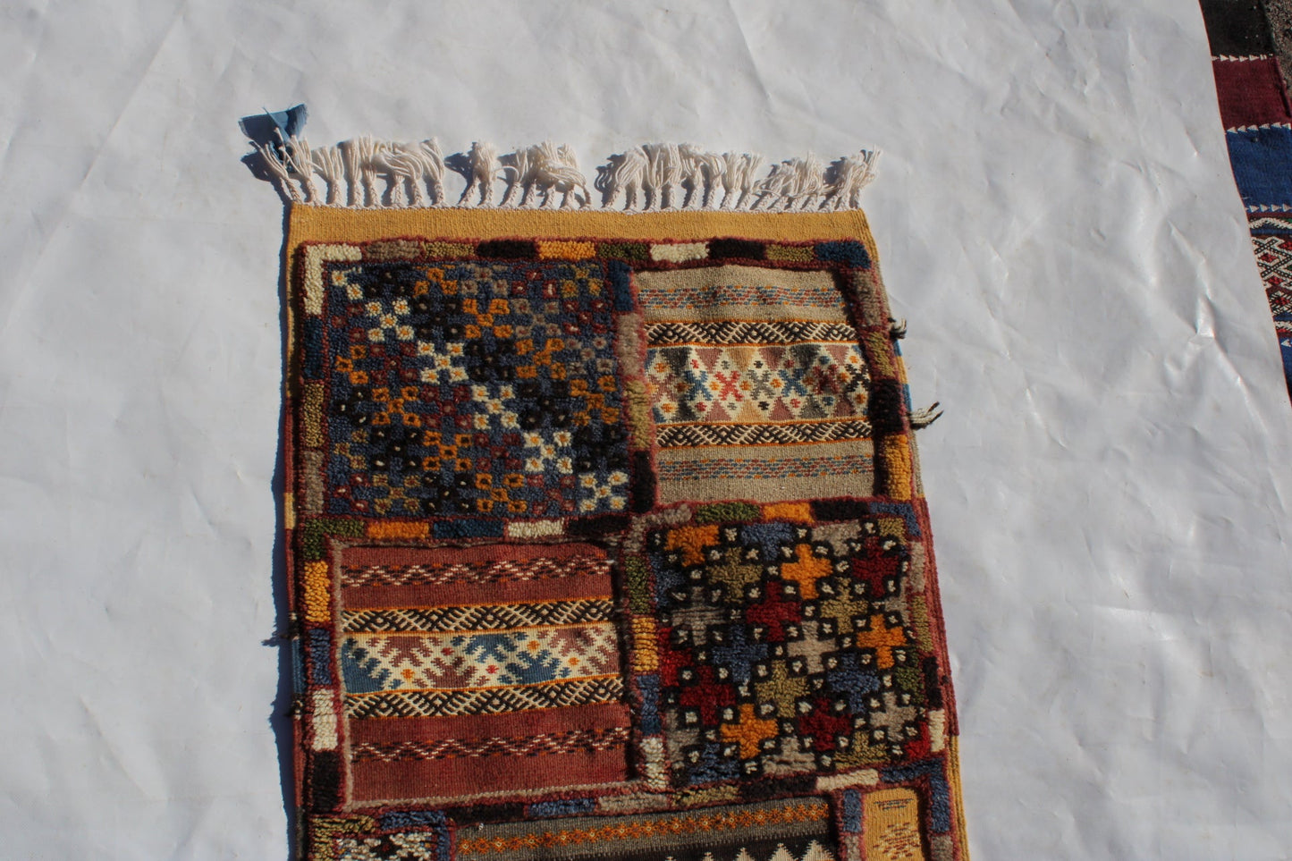 Authentic Moroccan Berber Kilim Rug Picasso Taznakht T63. Handmade tribal rug, expertly woven with traditional craftsmanship 150x60 cm