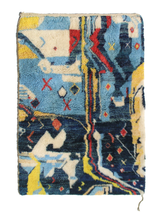 Abstract Blue & Yellow Moroccan Rug – 5x3.3 ft (150x100 cm) – In Stock