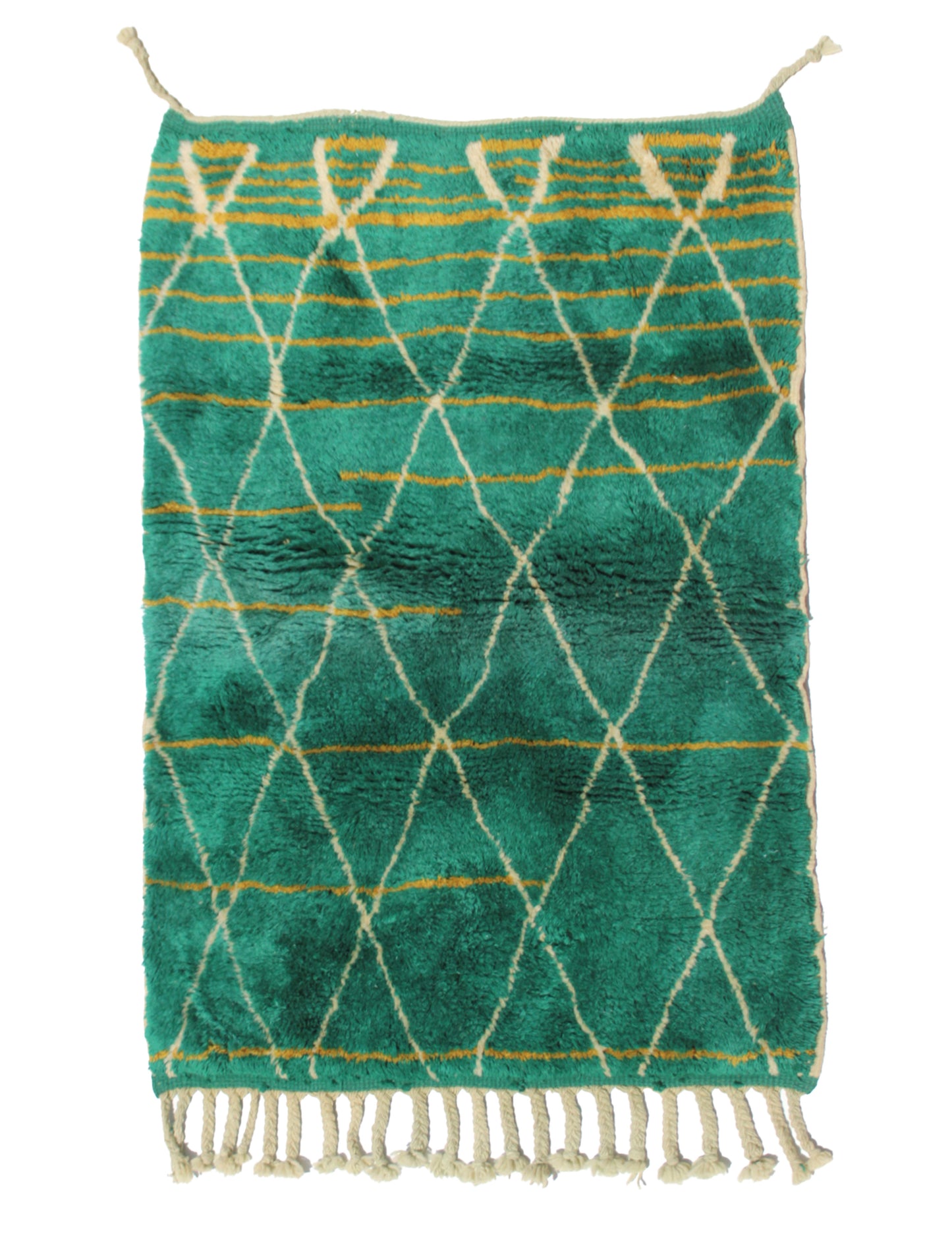 Hand-knotted Moroccan wool rug in emerald green with cream diamond lattice patterns and mustard yellow horizontal stripes, featuring natural ivory fringe.

