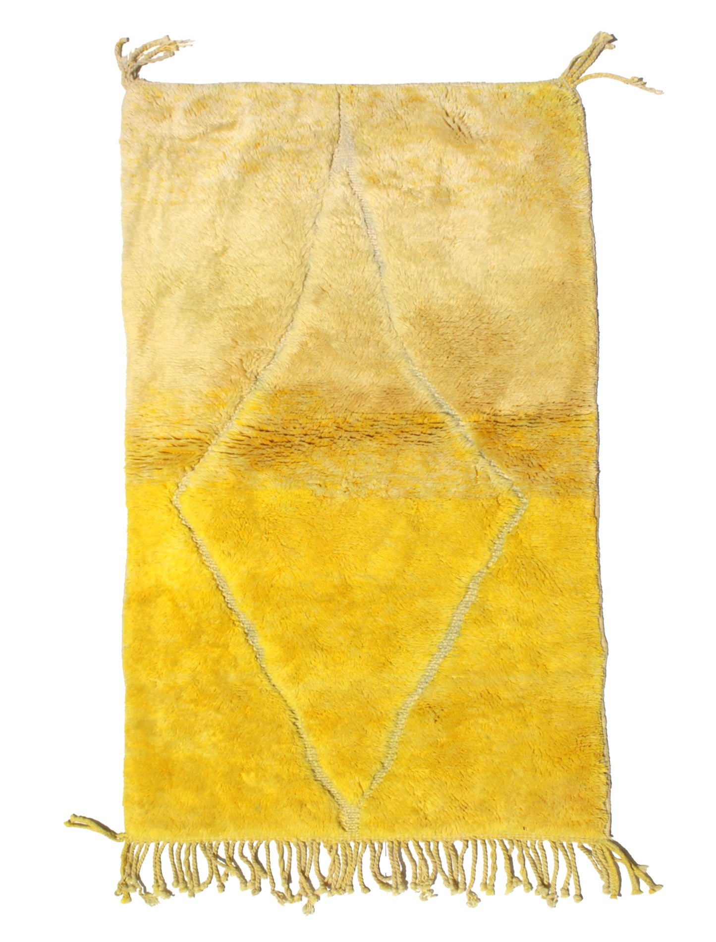 Hand-knotted Moroccan wool rug featuring an ombré effect fading from cream to yellow, with a large central cream diamond and natural fringed edges.

