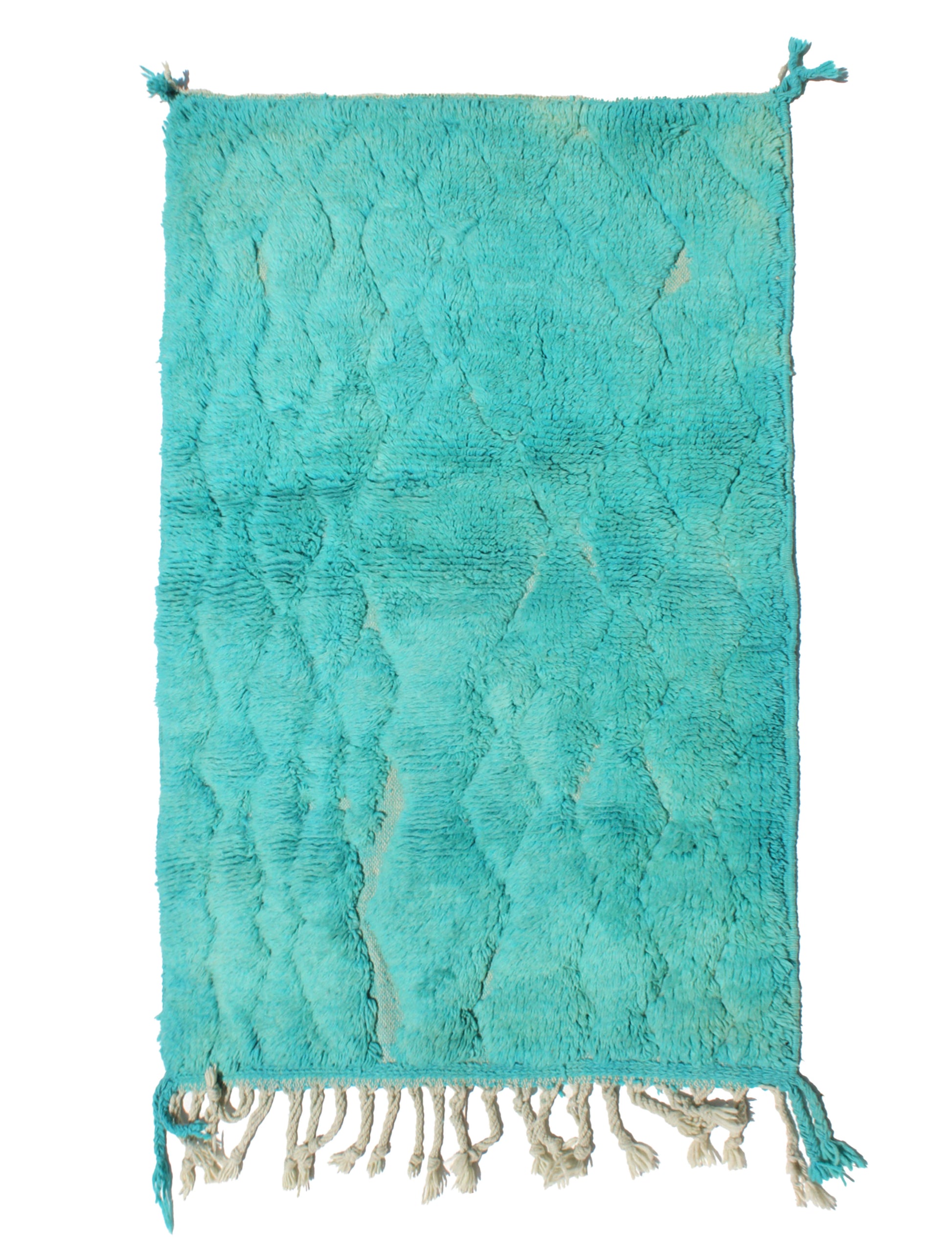 Hand-knotted Moroccan rug, Beni Ourain, aqua blue rug, teal Moroccan rug, turquoise wool rug, cream diamond lattice, textured Berber rug, coastal boho decor, high-pile shag, organic geometric rug, Atlas Mountains textile, 100% sheep's wool, artisan made, statement area rug, colorful home decor, living room rug, nursery rug, vibrant aqua carpet, hand-spun yarn, ready to ship, beach house decor.


