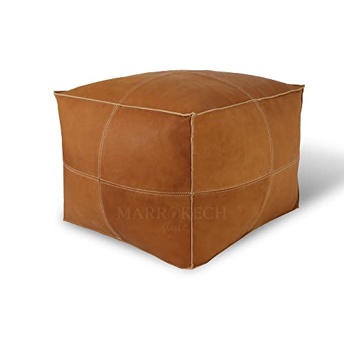 MARRAKESH STYLE Comfortable Leather Ottoman Pouf - Handmade Unstuffed Moroccan Pouf Cover - Round Pouf & Foot Rest Ottoman - Perfect for Living Rooms Bedrooms & Kids Room - Brown