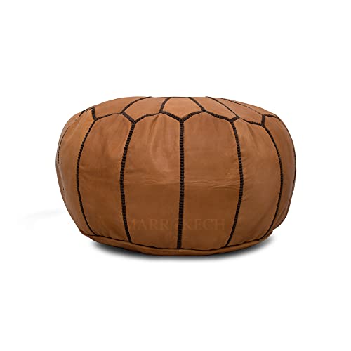 MARRAKESH STYLE Comfortable Leather Ottoman Pouf - Handmade Unstuffed Moroccan Pouf Cover - Round Pouf & Foot Rest Ottoman - Perfect for Living Rooms Bedrooms & Kids Room - Brown