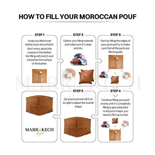 MARRAKESH STYLE Comfortable Leather Ottoman Pouf - Handmade Unstuffed Moroccan Pouf Cover - Round Pouf & Foot Rest Ottoman - Perfect for Living Rooms Bedrooms & Kids Room - Brown