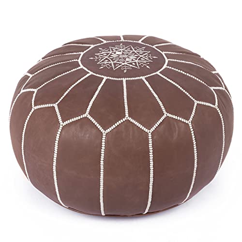 Marrakesh Gallery Genuine Leather Round Pouf Unstuffed - Moroccan Ottoman Footstool, Footrest Cover - Boho Decor - Bohemian Living Room, Bedroom, Kids Room, Gift & Wedding (Dark Tan)