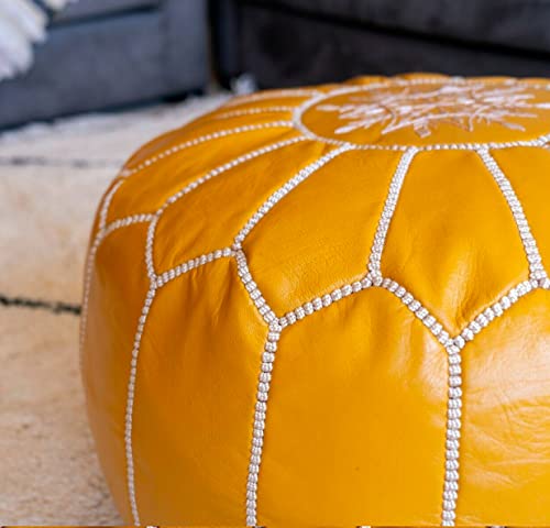 MARRAKESH STYLE Comfortable Leather Ottoman Pouf - Handmade Unstuffed Moroccan Pouf Cover - Round Pouf & Foot Rest Ottoman - Perfect for Living Rooms Bedrooms & Kids Room - Brown