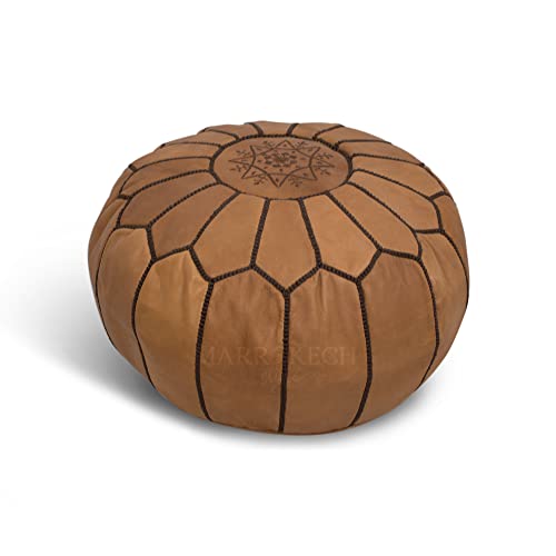 MARRAKESH STYLE Comfortable Leather Ottoman Pouf - Handmade Unstuffed Moroccan Pouf Cover - Round Pouf & Foot Rest Ottoman - Perfect for Living Rooms Bedrooms & Kids Room - Brown