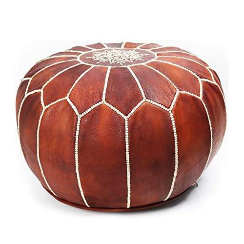 MARRAKESH STYLE Comfortable Leather Ottoman Pouf - Handmade Unstuffed Moroccan Pouf Cover - Round Pouf & Foot Rest Ottoman - Perfect for Living Rooms Bedrooms & Kids Room - Brown