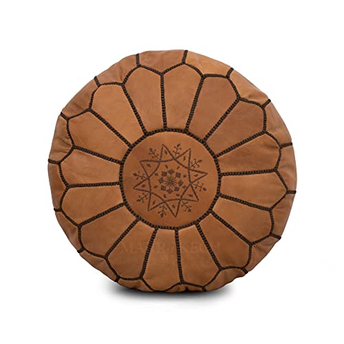 MARRAKESH STYLE Comfortable Leather Ottoman Pouf - Handmade Unstuffed Moroccan Pouf Cover - Round Pouf & Foot Rest Ottoman - Perfect for Living Rooms Bedrooms & Kids Room - Brown