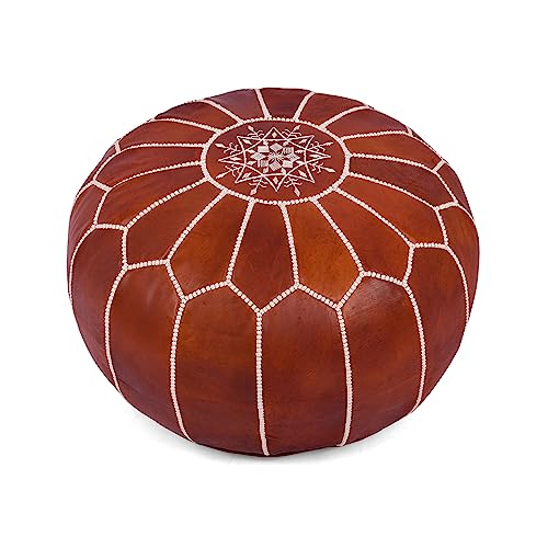 Marrakesh Gallery Genuine Leather Round Pouf Unstuffed - Moroccan Ottoman Footstool, Footrest Cover - Boho Decor - Bohemian Living Room, Bedroom, Kids Room, Gift & Wedding (Dark Tan)