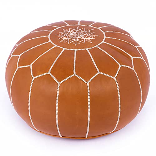 Marrakesh Gallery Genuine Leather Round Pouf Unstuffed - Moroccan Ottoman Footstool, Footrest Cover - Boho Decor - Bohemian Living Room, Bedroom, Kids Room, Gift & Wedding (Dark Tan)