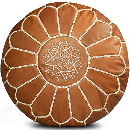 MARRAKESH STYLE Comfortable Leather Ottoman Pouf - Handmade Unstuffed Moroccan Pouf Cover - Round Pouf & Foot Rest Ottoman - Perfect for Living Rooms Bedrooms & Kids Room - Brown