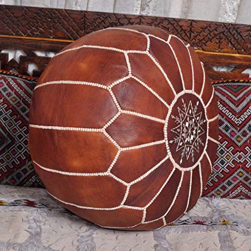 D.Art Group- Moroccan Pouf - Genuine Goatskin Leather - Bohemian Living Room Decor - Hassock & Ottoman Footstool - Round & Large Ottoman Pouf - Unstuffed (Dark Brown)