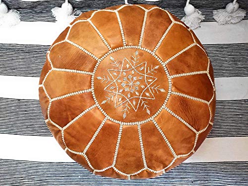 D.Art Group- Moroccan Pouf - Genuine Goatskin Leather - Bohemian Living Room Decor - Hassock & Ottoman Footstool - Round & Large Ottoman Pouf - Unstuffed (Dark Brown)