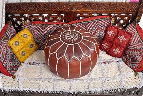 D.Art Group- Moroccan Pouf - Genuine Goatskin Leather - Bohemian Living Room Decor - Hassock & Ottoman Footstool - Round & Large Ottoman Pouf - Unstuffed (Dark Brown)