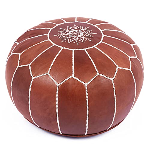 Marrakesh Gallery Genuine Leather Round Pouf Unstuffed - Moroccan Ottoman Footstool, Footrest Cover - Boho Decor - Bohemian Living Room, Bedroom, Kids Room, Gift & Wedding (Dark Tan)