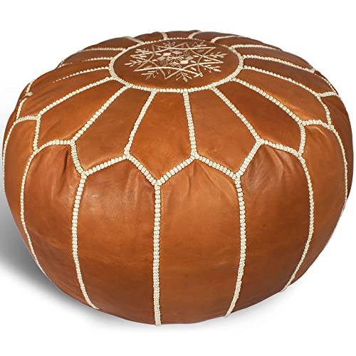 MARRAKESH STYLE Comfortable Leather Ottoman Pouf - Handmade Unstuffed Moroccan Pouf Cover - Round Pouf & Foot Rest Ottoman - Perfect for Living Rooms Bedrooms & Kids Room - Brown