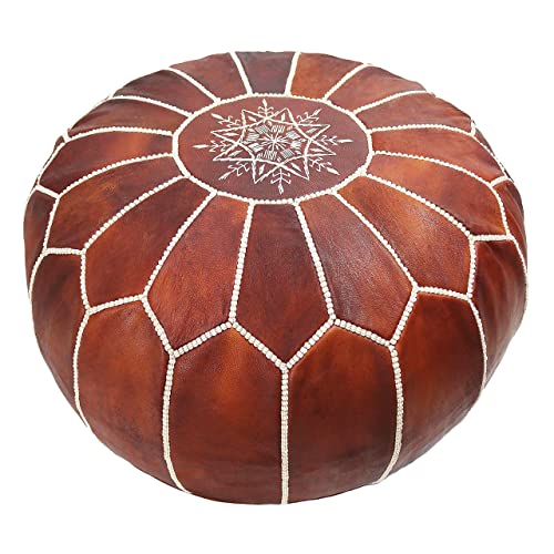 MARRAKESH STYLE Comfortable Leather Ottoman Pouf - Handmade Unstuffed Moroccan Pouf Cover - Round Pouf & Foot Rest Ottoman - Perfect for Living Rooms Bedrooms & Kids Room - Brown