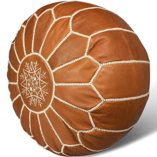 MARRAKESH STYLE Comfortable Leather Ottoman Pouf - Handmade Unstuffed Moroccan Pouf Cover - Round Pouf & Foot Rest Ottoman - Perfect for Living Rooms Bedrooms & Kids Room - Brown