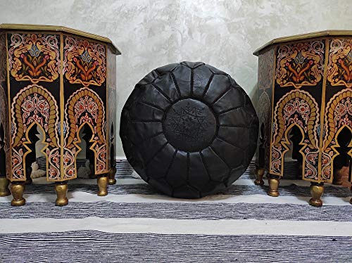 D.Art Group- Moroccan Pouf - Genuine Goatskin Leather - Bohemian Living Room Decor - Hassock & Ottoman Footstool - Round & Large Ottoman Pouf - Unstuffed (Dark Brown)