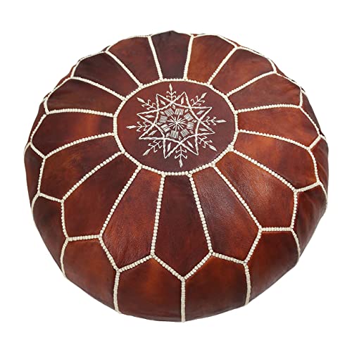 MARRAKESH STYLE Comfortable Leather Ottoman Pouf - Handmade Unstuffed Moroccan Pouf Cover - Round Pouf & Foot Rest Ottoman - Perfect for Living Rooms Bedrooms & Kids Room - Brown