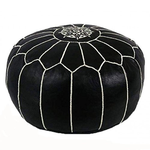 Moroccan-House | Set of 2 Moroccan Poufs, Handmade Natural Leather Pouf, Ottoman Pouf Home Decor, Floor Pouf, Footstool, Black Leather & White Stitching