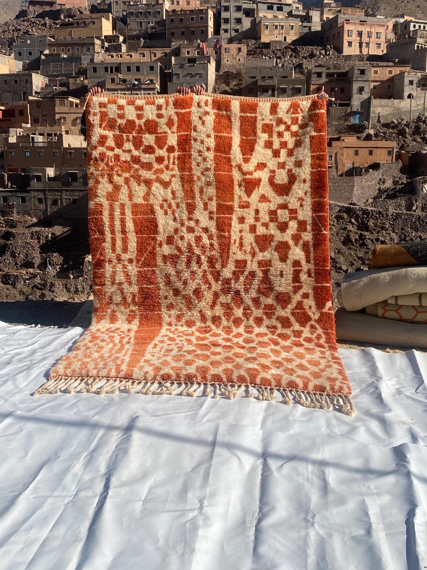 Beni Ourain rugs originate from the Atlas Mountains of Morocco and are characterized by their distinctive, neutral-toned, and geometric designs. These handwoven rugs often feature a plush pile and are made by the Berber tribes,  size is 270x180 cm