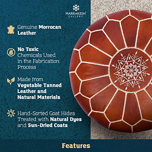 Marrakesh Gallery Genuine Leather Round Pouf Unstuffed - Moroccan Ottoman Footstool, Footrest Cover - Boho Decor - Bohemian Living Room, Bedroom, Kids Room, Gift & Wedding (Dark Tan)