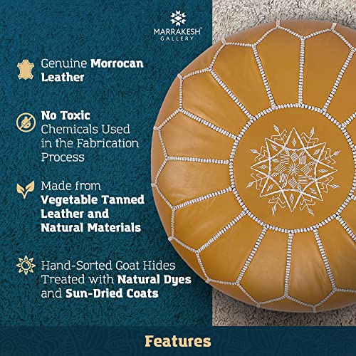 Marrakesh Gallery Genuine Leather Round Pouf Unstuffed - Moroccan Ottoman Footstool, Footrest Cover - Boho Decor - Bohemian Living Room, Bedroom, Kids Room, Gift & Wedding (Dark Tan)