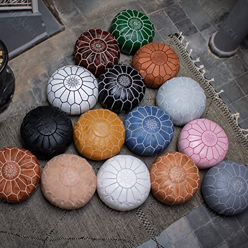 MARRAKESH STYLE Comfortable Leather Ottoman Pouf - Handmade Unstuffed Moroccan Pouf Cover - Round Pouf & Foot Rest Ottoman - Perfect for Living Rooms Bedrooms & Kids Room - Brown