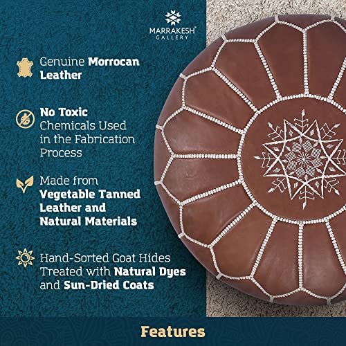 Marrakesh Gallery Genuine Leather Round Pouf Unstuffed - Moroccan Ottoman Footstool, Footrest Cover - Boho Decor - Bohemian Living Room, Bedroom, Kids Room, Gift & Wedding (Dark Tan)