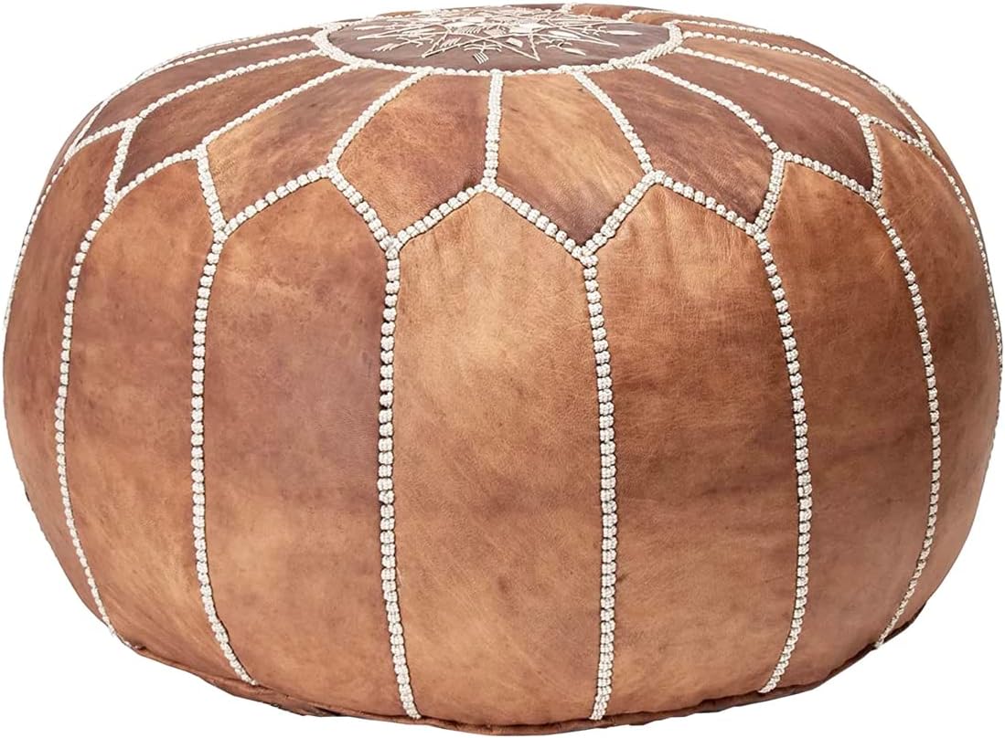 Fezcrafts Genuine Leather Moroccan Ottoman Prefilled Stuffed Moroccan Pouf Footresf Livin Room Cocktail Seats Goatskin Tribal Bohemian Home Decor (TAN)